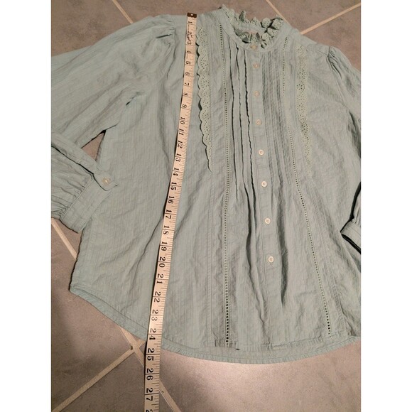 LOFT Women’s Sage Green BluCottagecore Lace Trim Pintuck Button Front Blouse L/p - Picture 6 of 12